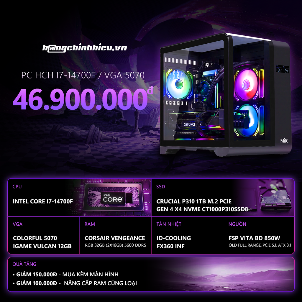 PC GAMING CHÍNH HIỆU INTEL i7 14700F-5070 (i5-14700F | RTX 5070 12GB | RAM 32GB | SSD 1TB | PSU 850 )