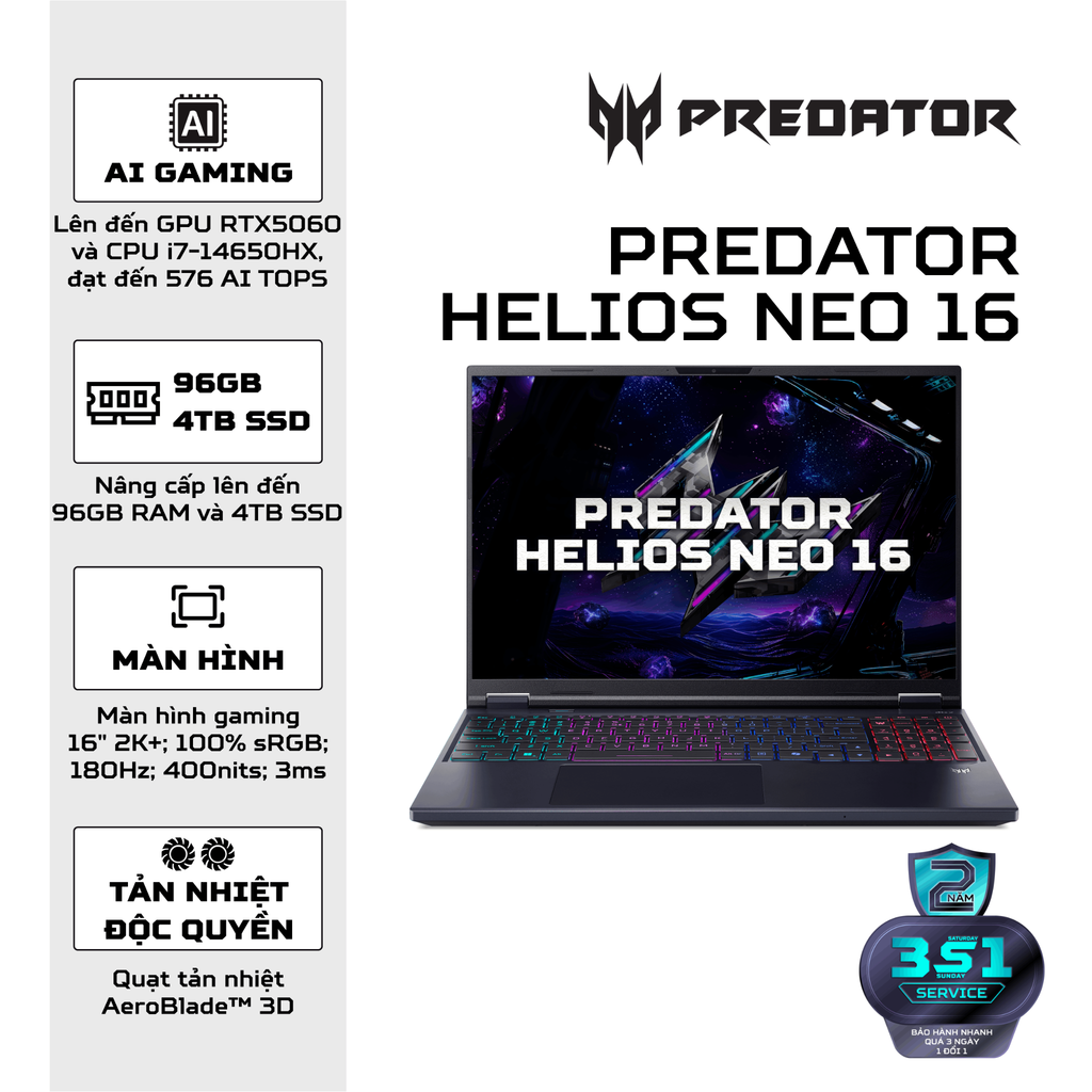 Laptop Gaming Acer Predator Helios Neo 16 AI PHN16-I31-50H7 (i5-14450HX | GeForce RTX™ 5050 8GB | 32GB | 512GB | 16' WUXGA 180Hz | Win 11)