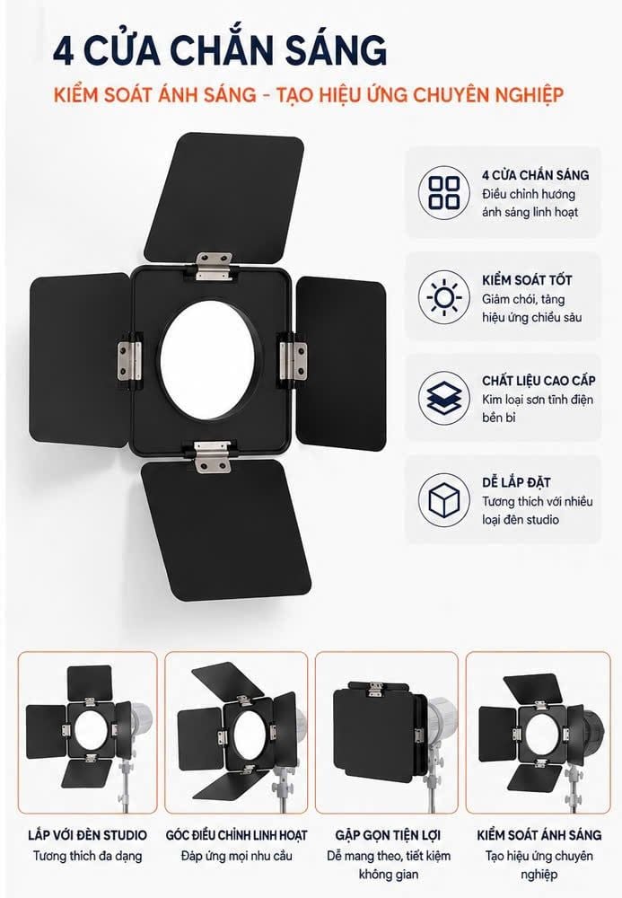 Chắn sáng LIYADI 4 cánh cho đèn studio – Phụ kiện điều hướng ánh sáng chuyên nghiệp / 4-Leaves Barndoor