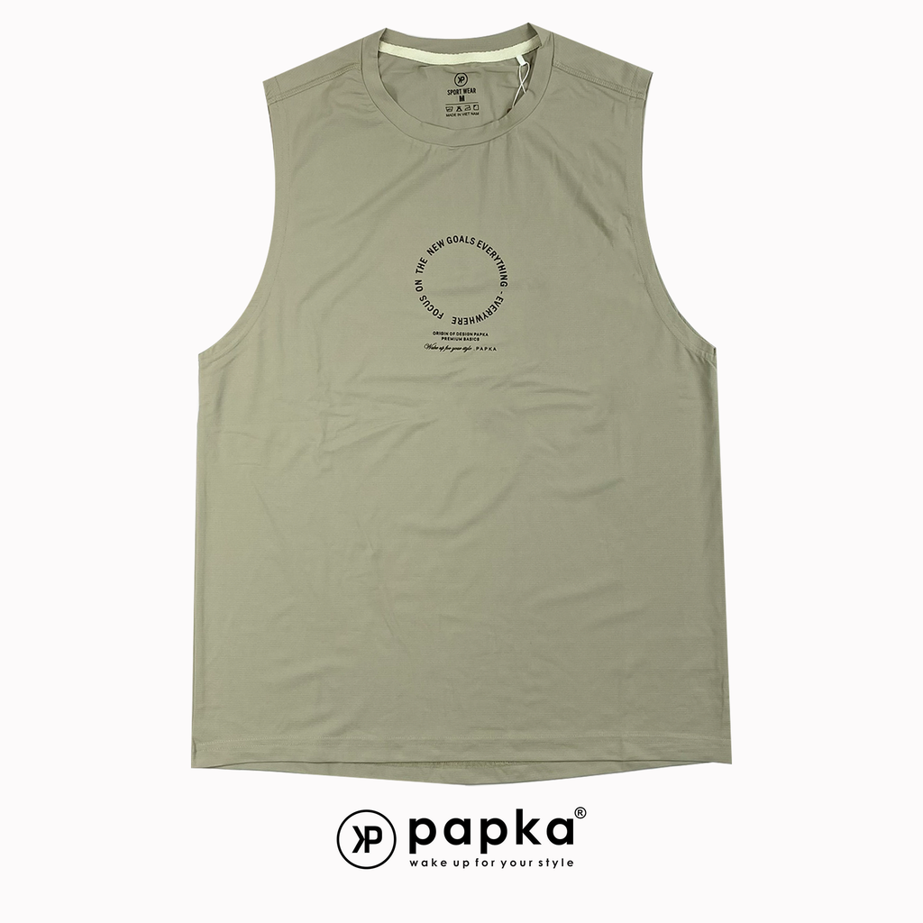 Áo tank nam Papka 1008 màu xám chất vải thun lạnh thoáng mát in chữ form tròn trẻ trung phong cách