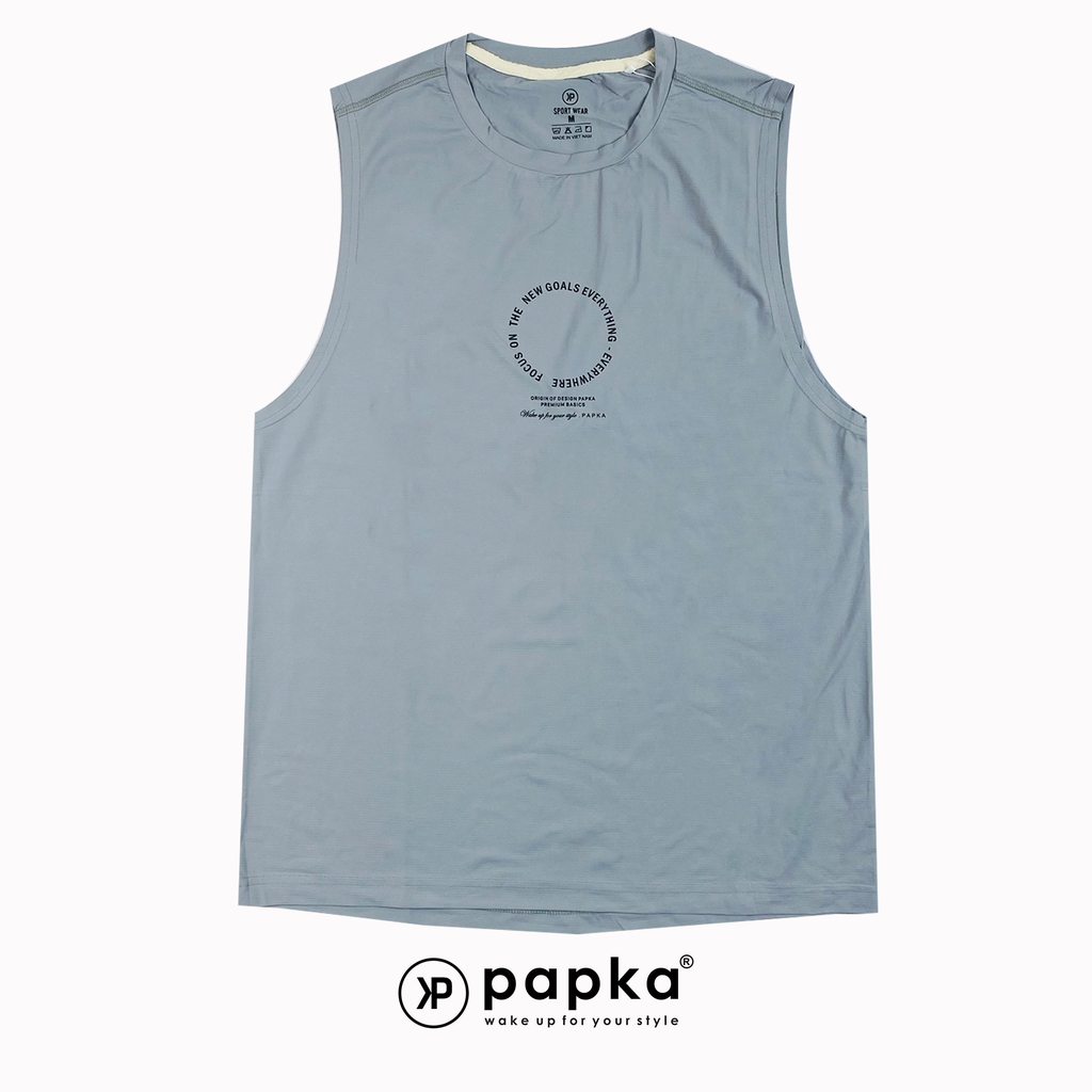 Áo tank nam Papka 1008 màu xanh đậm chất vải thun lạnh thoáng mát in chữ form tròn trẻ trung phong cách
