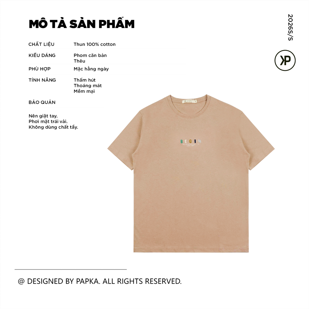 Áo Tshirt nam PAPKA 1076 chất Cotton 100% màu hồng thêu chữ BEGIN