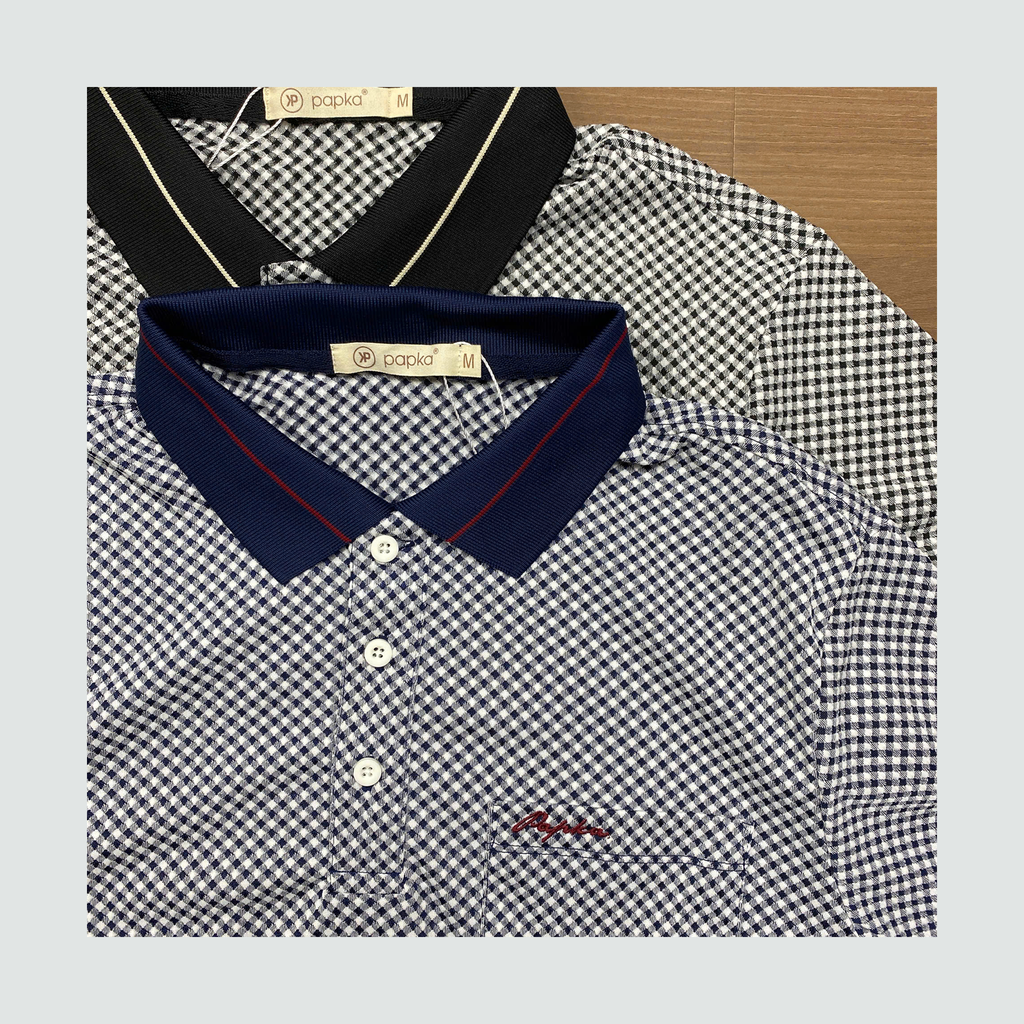 Áo Polo nam Papka 1122 họa tiết caro cổ điển phối bo cổ xanh đen kèm túi ngực