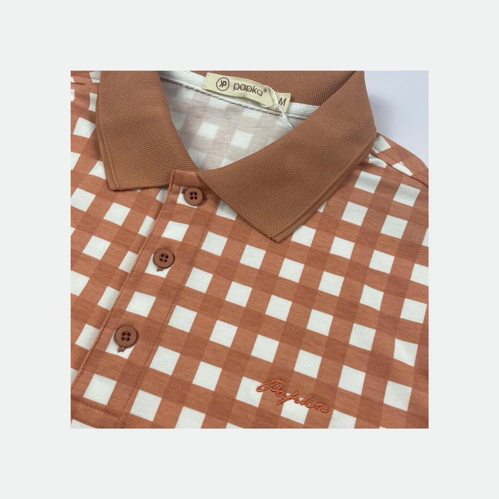 Áo polo nam Papka 1122 họa tiết Gingham màu cam đất ấm áp, tạo cảm giác năng động mà tinh tế