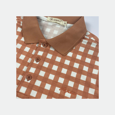 Áo polo nam Papka 1122 họa tiết Gingham màu cam đất ấm áp, tạo cảm giác năng động mà tinh tế