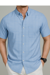 Áo sơ mi nam tay ngắn Papka có túi 1123 màu xanh biển sọc caro bản to cổ điển, trẻ trung và lịch sự