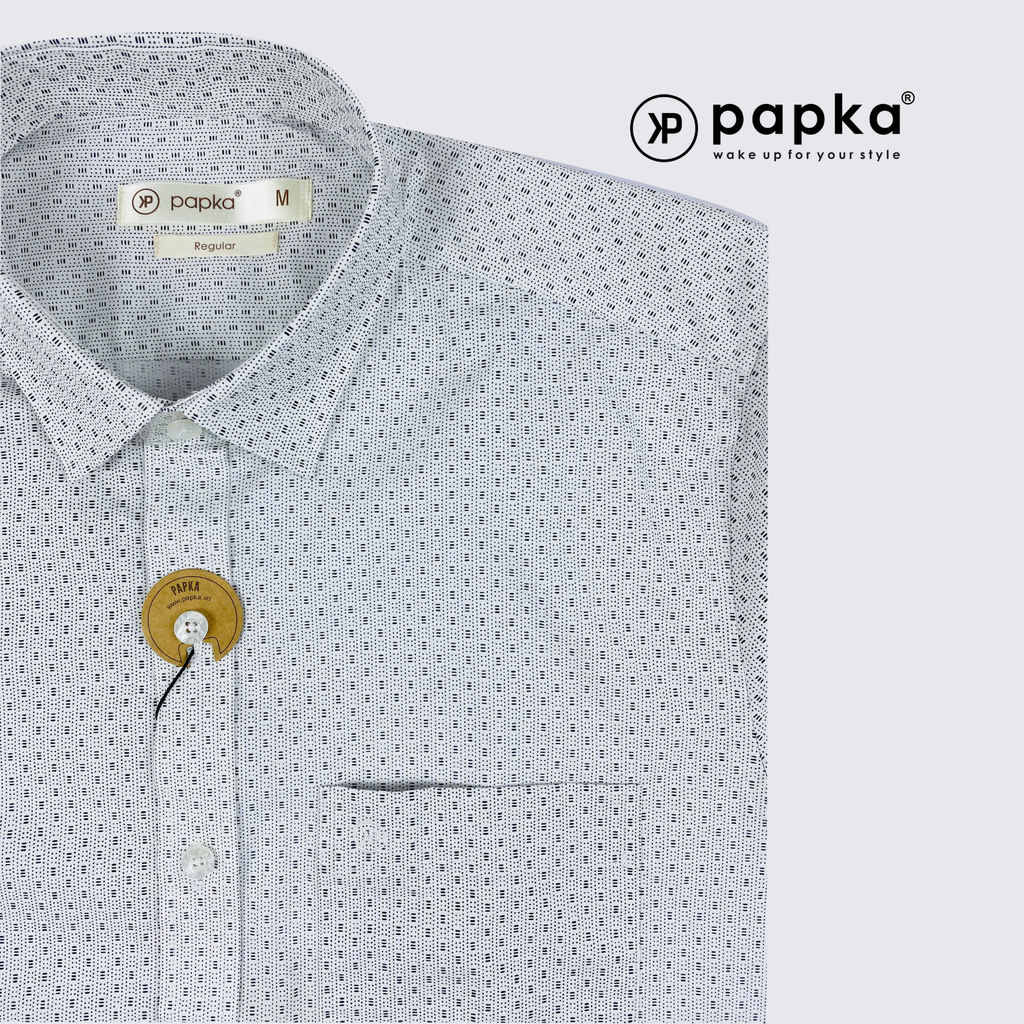 Áo sơ mi nam tay ngắn Papka có túi 1123 màu trắng chấm bi đen nhỏ cổ điển, trẻ trung và lịch sự