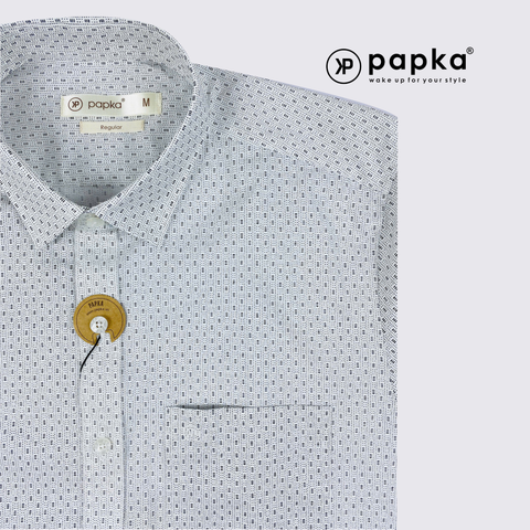 Áo sơ mi nam tay ngắn Papka có túi 1123 màu trắng chấm bi đen nhỏ cổ điển, trẻ trung và lịch sự