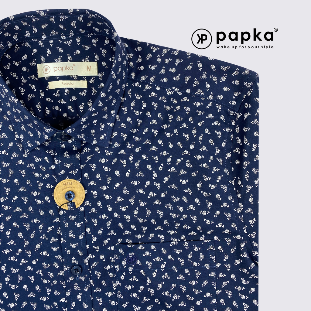 Áo sơ mi nam tay ngắn Papka có túi 1123 màu đen với hình in hoa hồng cổ điển, trẻ trung và lịch sự