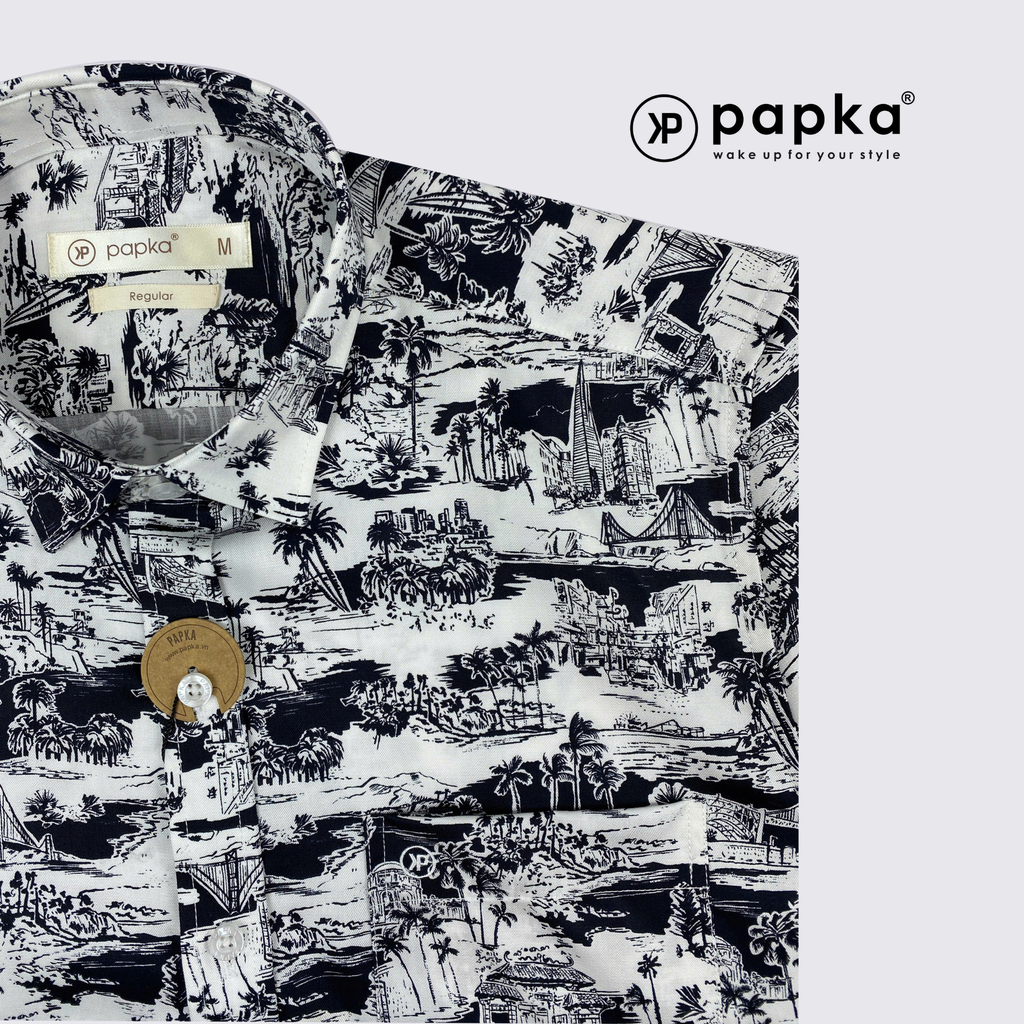 Áo sơ mi nam tay ngắn Papka có túi 1123 màu trắng hình in ngẫu hứng cổ điển, trẻ trung và lịch sự