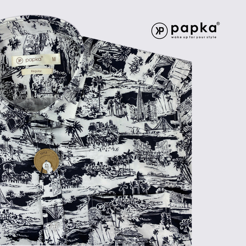 Áo sơ mi nam tay ngắn Papka có túi 1123 màu trắng hình in ngẫu hứng cổ điển, trẻ trung và lịch sự