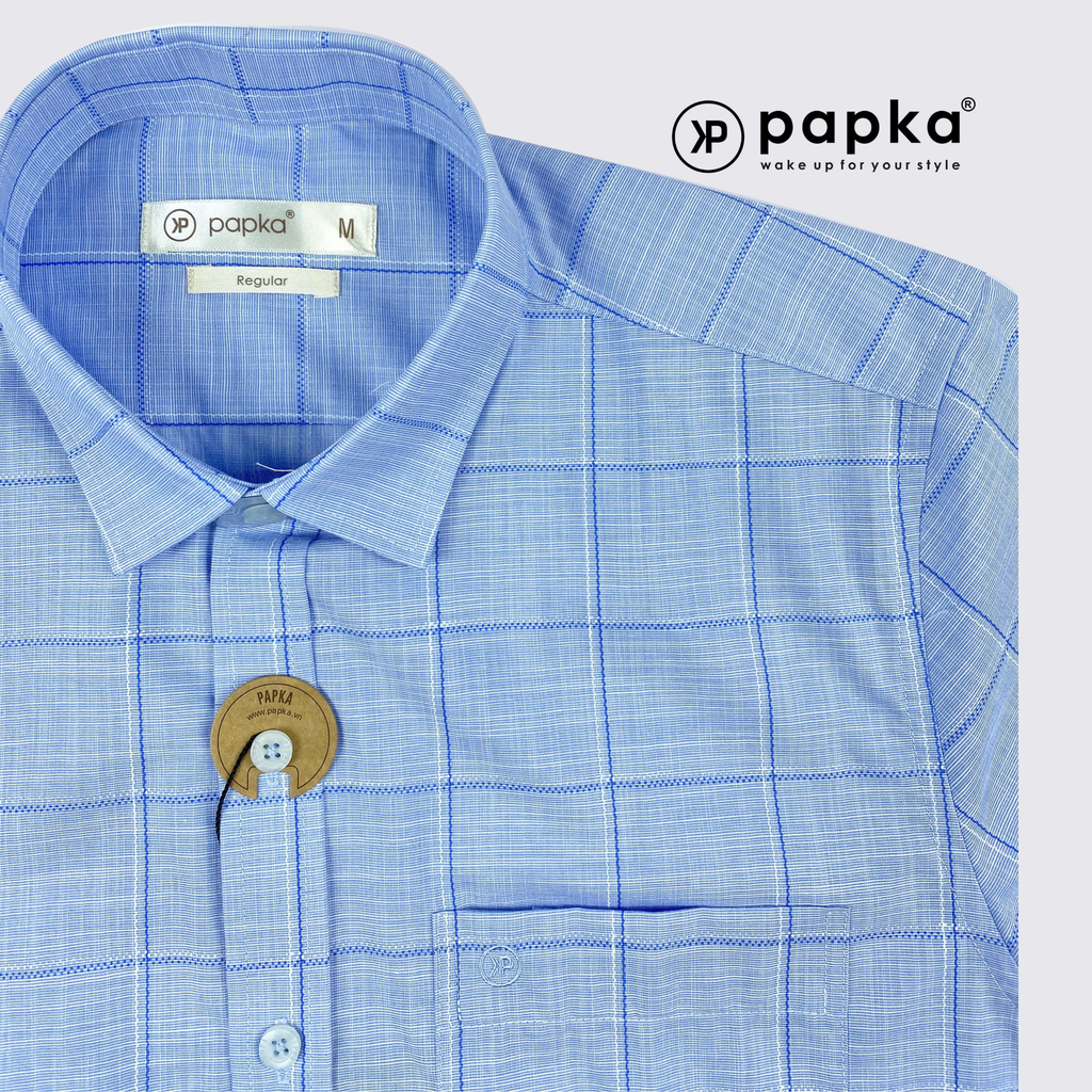 Áo sơ mi nam tay ngắn Papka có túi 1123 màu xanh biển sọc caro bản to cổ điển, trẻ trung và lịch sự