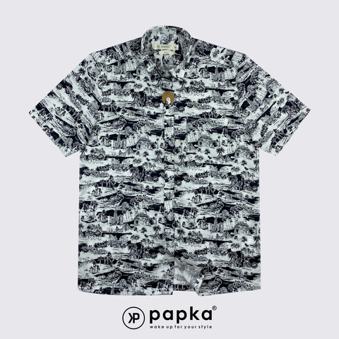 Áo sơ mi nam tay ngắn Papka có túi 1123 màu trắng hình in ngẫu hứng cổ điển, trẻ trung và lịch sự