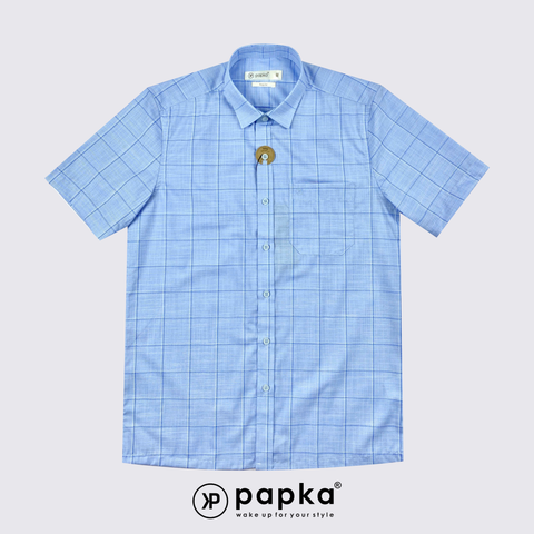 Áo sơ mi nam tay ngắn Papka có túi 1123 màu xanh biển sọc caro bản to cổ điển, trẻ trung và lịch sự