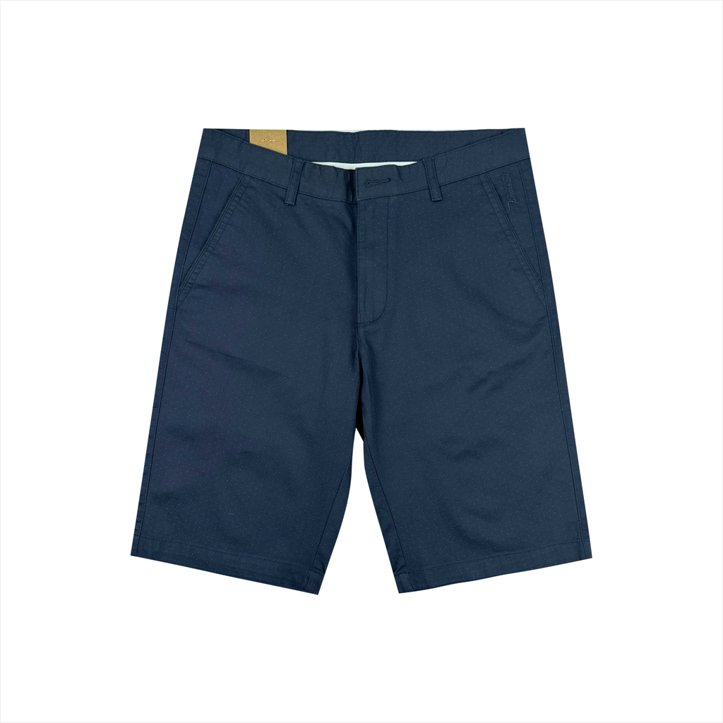 Quần short kaki nam Papka 2026 màu xanh đen, thêu chỉ nổi tạo điểm nhấn trẻ trung.