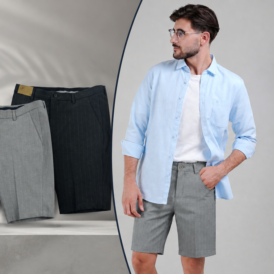 Quần âu ngắn nam PAPKA 2045 màu đen dệt sọc vải Rayon thoáng nhẹ và sang trọng