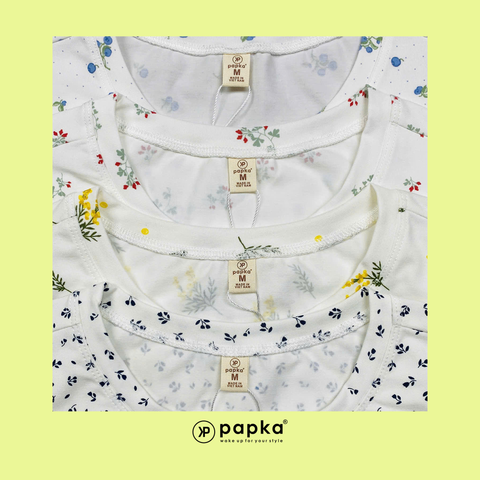 Áo thun nữ Papka 3031 màu trắng họa tiết hoa nhí màu đỏ xẻ tà vạt ngắn trước sau mang vẻ trẻ trung thoải mái