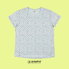 Áo thun nữ Papka 3031 màu trắng họa tiết hoa nhí màu đen xẻ tà vạt ngắn trước sau mang vẻ trẻ trung thoải mái