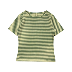 Áo thun nữ PAPKA 3032 màu kem sọc xanh lá chất thun gân cotton co giãn linh hoạt trẻ trung