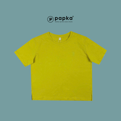 Áo thun nữ Papka 3037 màu vàng form croptop trendy và họa tiết thêu trẻ trung cho mùa hè.