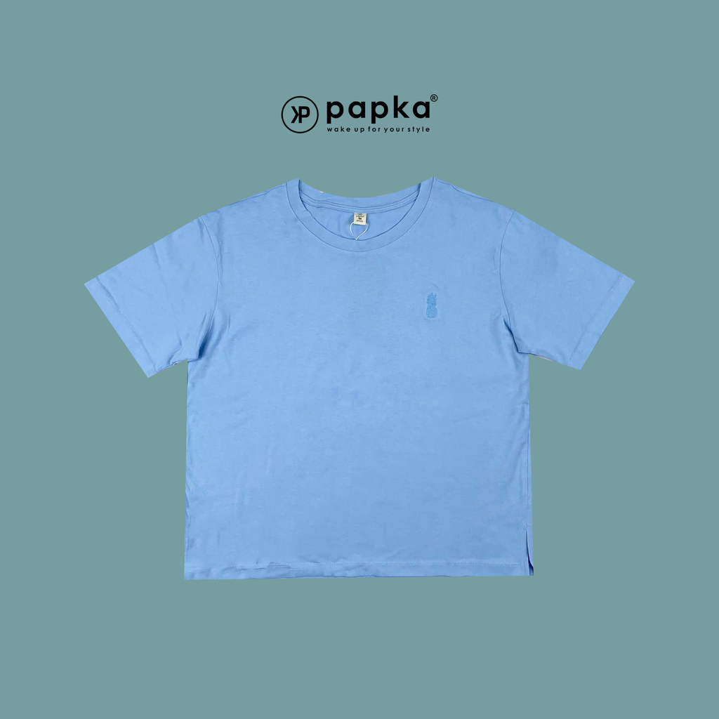 Áo thun nữ Papka 3037 màu xanh biển form croptop trendy và họa tiết thêu trẻ trung cho mùa hè.