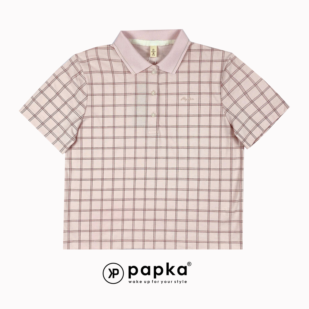 Áo polo nữ Papka 3056 sọc caro hồng form rộng rãi thoải mái và trẻ trung năng động