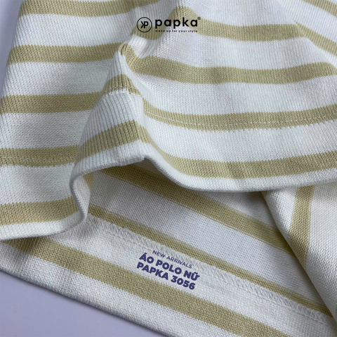Áo polo nữ PAPKA 3056 màu trắng sọc vàng chất Cotton 100% thấm hút và co dãn tốt