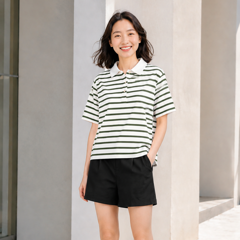 Áo polo nữ PAPKA 3056 màu trắng sọc xanh lá chất Cotton 100% thấm hút và co dãn tốt