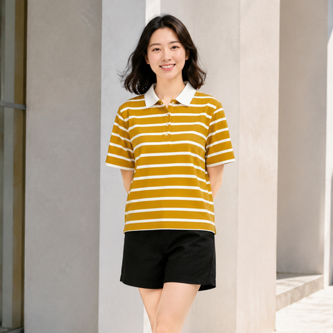 Áo polo nữ PAPKA 3056 màu vàng cháy sọc trắng chất Cotton 100% thấm hút và co dãn tốt