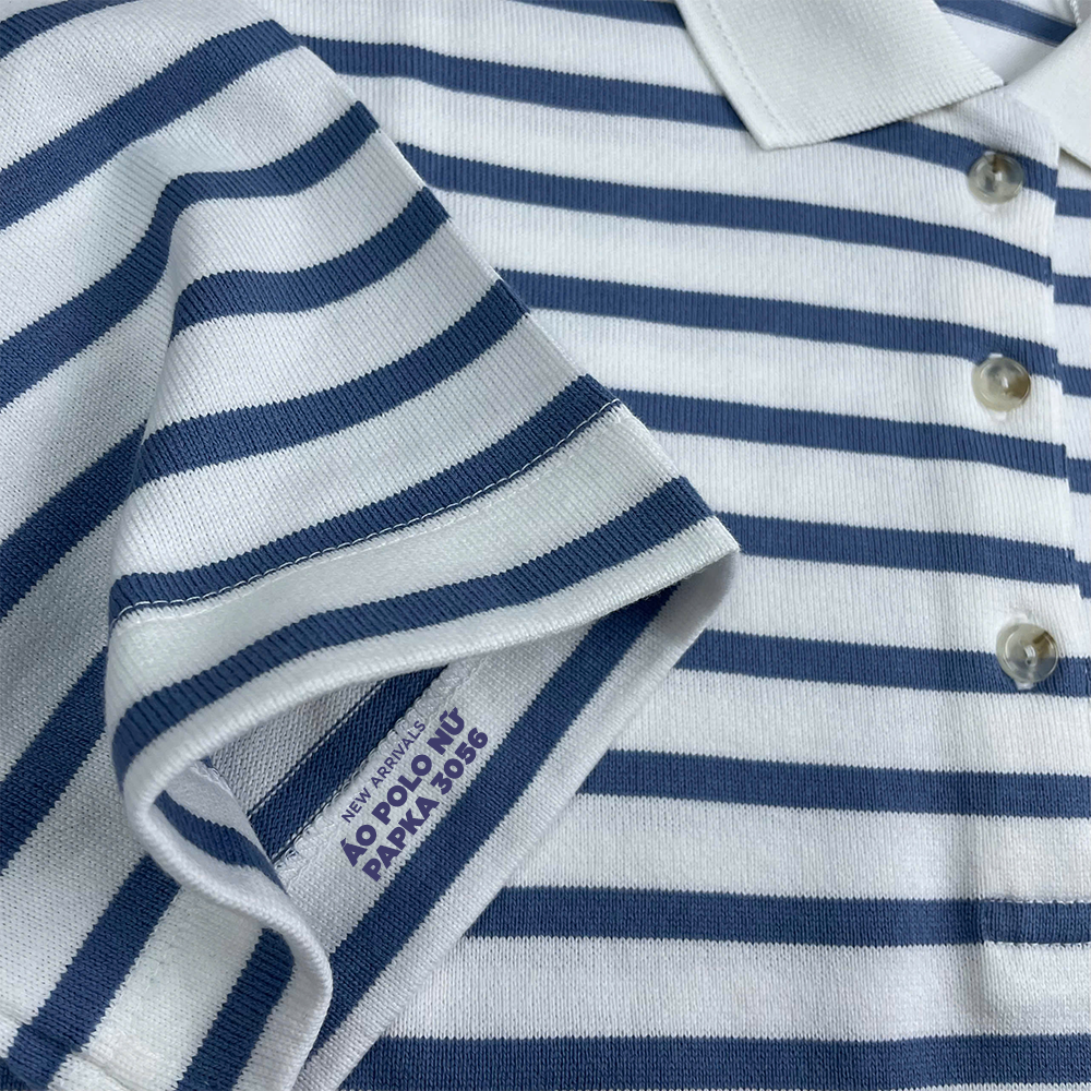 Áo polo nữ PAPKA 3056 màu trắng sọc xanh biển chất Cotton 100% thấm hút và co dãn tốt