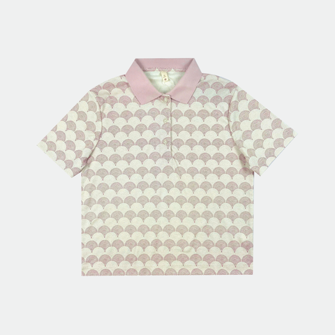 Áo polo nữ Papka 3056 vải Jacquard vảy sò đỏ đô hoa lá trừu tượng nền hồng pastel tinh tế, sang trọng