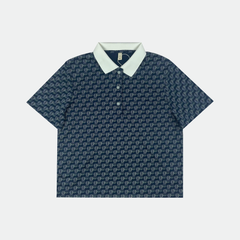 Áo polo nữ Papka 3056 vải Jacquard hoa lá trừu tượng nền xanh navy lạ mắt