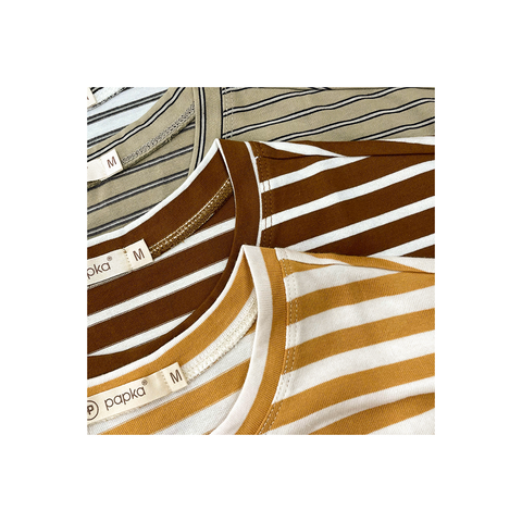 Áo thun nữ PAPKA 3058 form Boxy màu nâu sọc trắng xẻ tà trẻ trung năng động