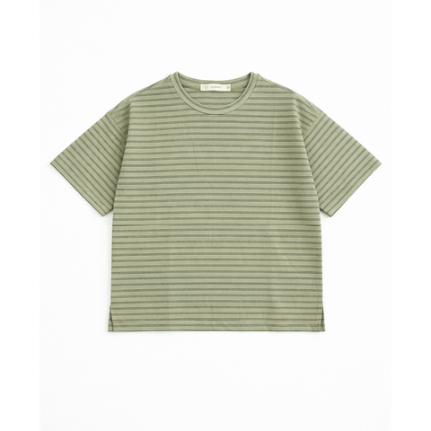 Áo thun nữ PAPKA 3058 form Boxy màu xám xanh sọc đen xẻ tà trẻ trung năng động