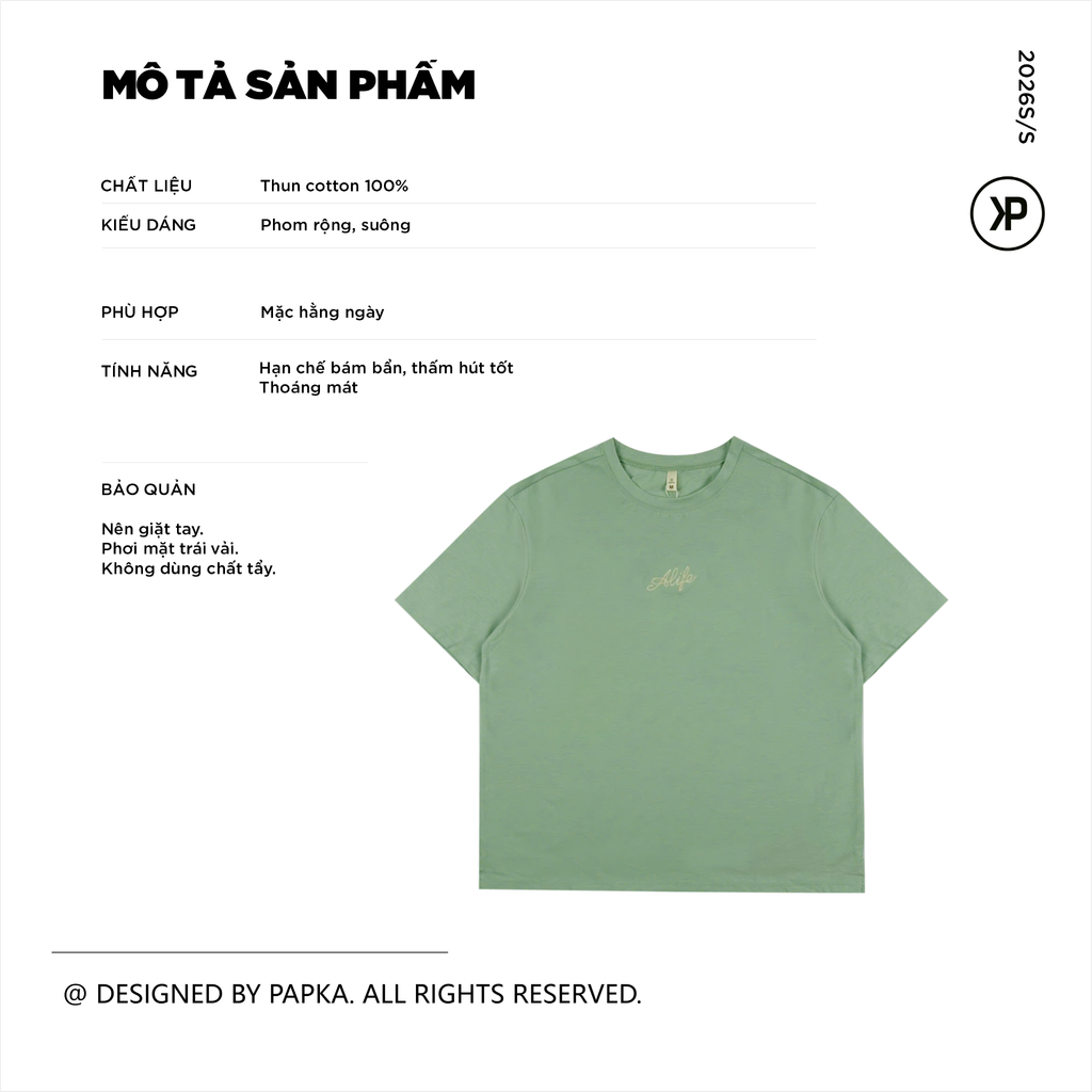 Áo cổ tròn nữ PAPKA 3059 chất Cotton lạnh màu xanh cốm thêu chữ Alife trẻ trung rộng rãi