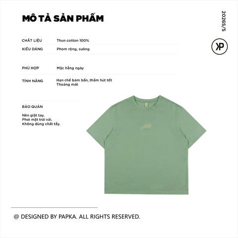 Áo cổ tròn nữ PAPKA 3059 chất Cotton lạnh màu xanh cốm thêu chữ Alife trẻ trung rộng rãi