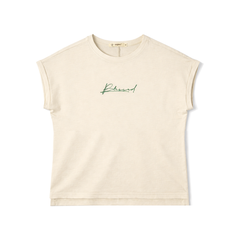 Áo thun nữ tay cánh tiên PAPKA 3060 chất cotton màu be thêu chữ Blessed phối tà cao thấp trẻ trung