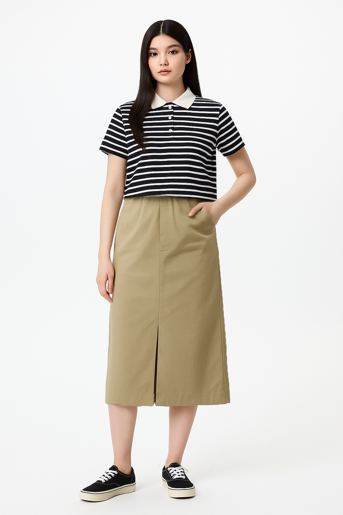 Chân váy midi nữ Papka 4070 màu đen kaki form chữ I che khuyết điểm trẻ trung, năng động và ứng dụng cao