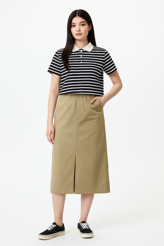 Chân váy midi nữ Papka 4070 màu đen kaki form chữ I che khuyết điểm trẻ trung, năng động và ứng dụng cao