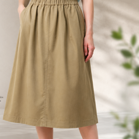 Chân váy Midi nữ PAPKA 8001 màu be form chữ A lưng thun chất liệu Khaki tôn dáng nữ tính