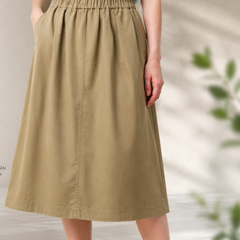 Chân váy Midi nữ PAPKA 8001 màu be form chữ A lưng thun chất liệu Khaki tôn dáng nữ tính