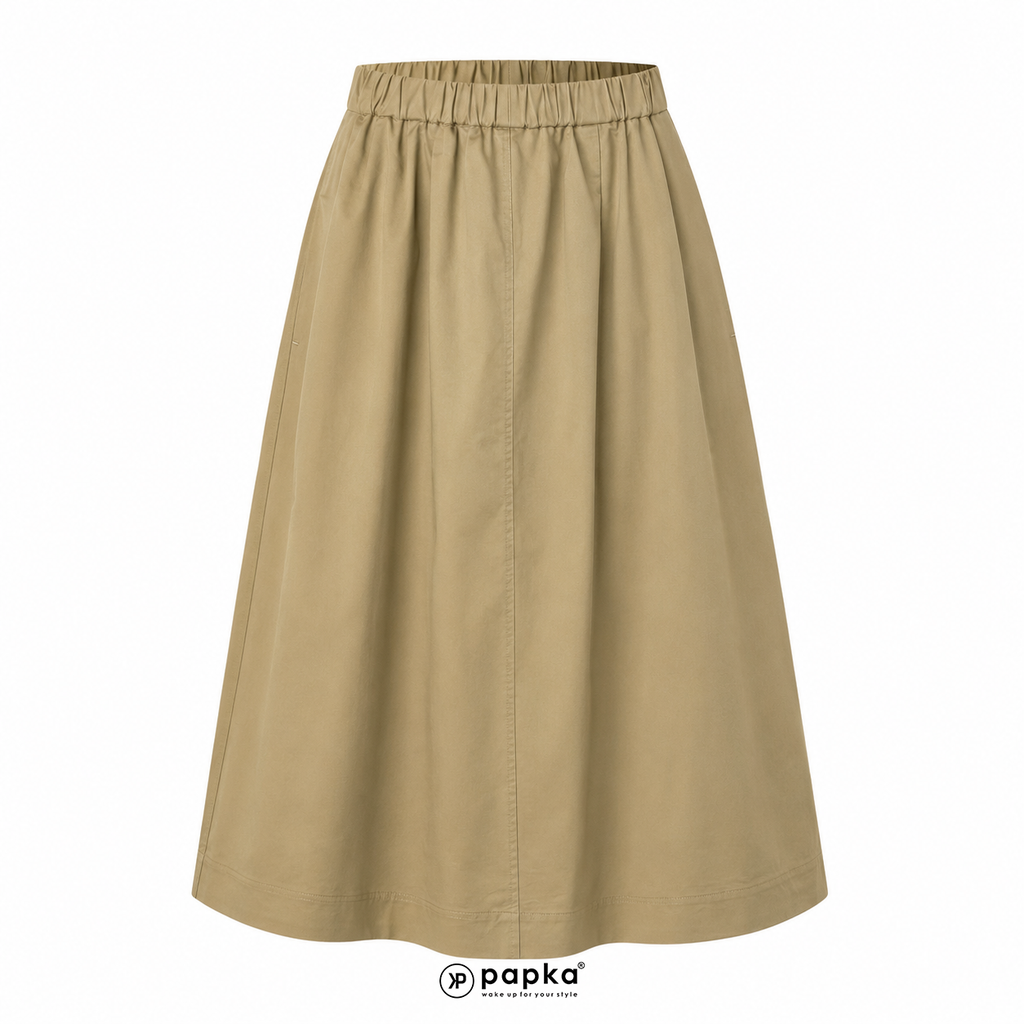 Chân váy Midi nữ PAPKA 8001 màu đen form chữ A lưng thun chất liệu Khaki tôn dáng nữ tính