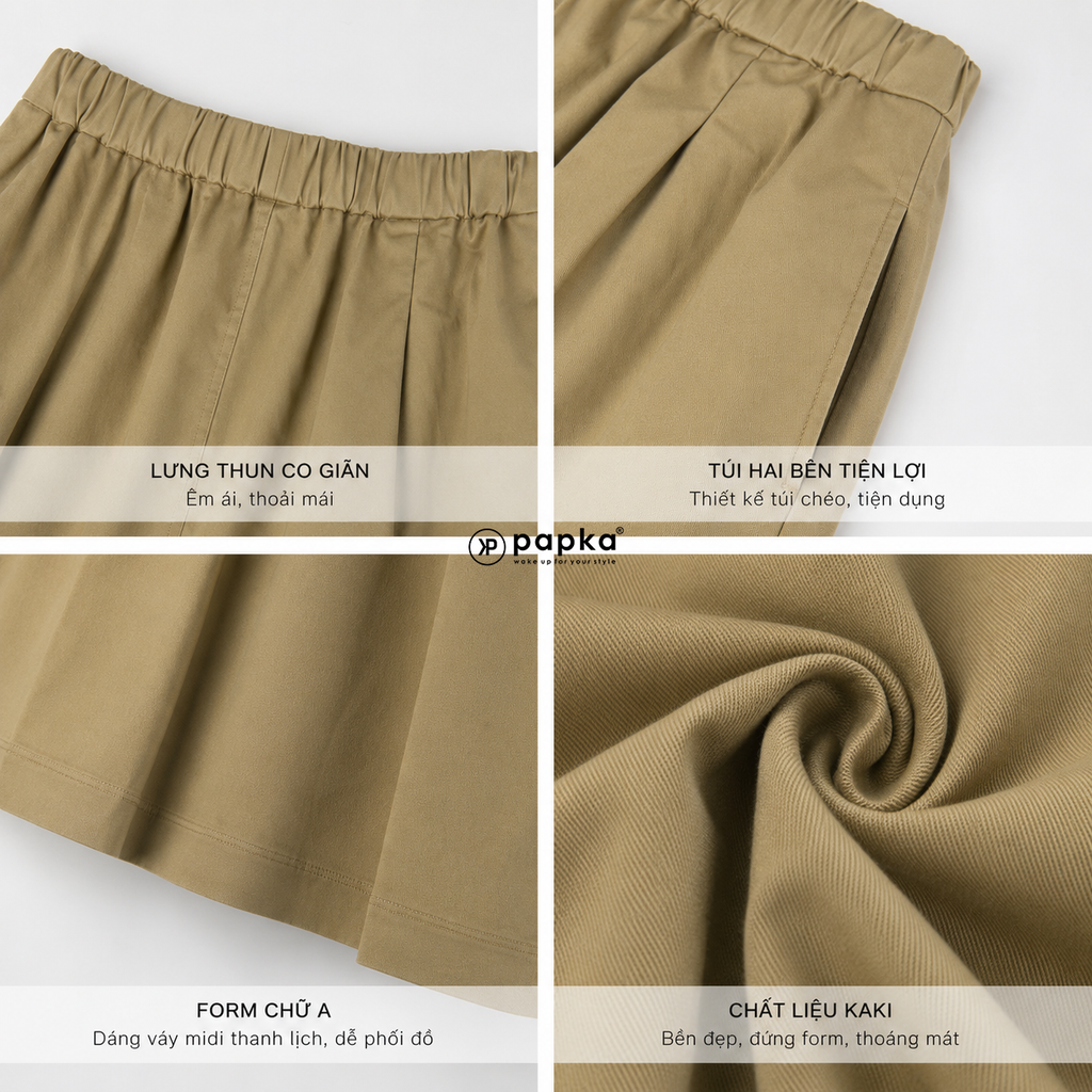 Chân váy Midi nữ PAPKA 8001 màu be form chữ A lưng thun chất liệu Khaki tôn dáng nữ tính