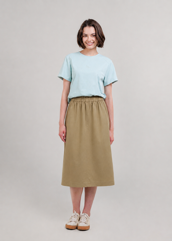 Chân váy Midi nữ PAPKA 8001 màu be form chữ A lưng thun chất liệu Khaki tôn dáng nữ tính