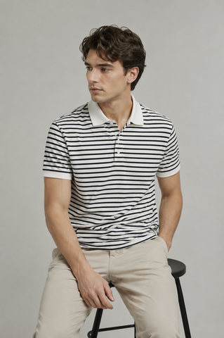 Áo polo nam PAPKA 1117 màu trắng sọc đen lớn chất Cotton 100% thấm hút và co dãn tốt