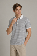 Áo polo nam PAPKA 1117 màu trắng sọc đen nhỏ chất Cotton 100% thấm hút và co dãn tốt