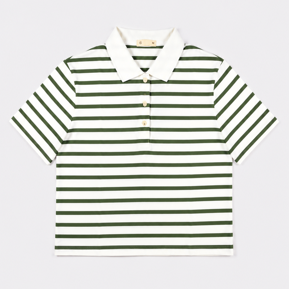 Áo polo nữ PAPKA 3056 màu trắng sọc xanh lá chất Cotton 100% thấm hút và co dãn tốt