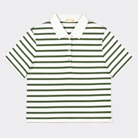 Áo polo nữ PAPKA 3056 màu trắng sọc xanh lá chất Cotton 100% thấm hút và co dãn tốt