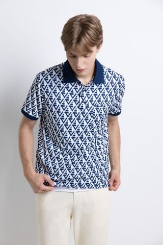Áo polo nam cao cấp PAPKA 1118 họa tiết monogram geometric trắng xanh lạ mắt trẻ trung
