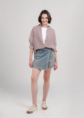 Áo sơ mi nữ PAPKA 8005 chất voan thoáng mát mềm mại họa tiết caro màu nâu phong cách Retro đẹp mắt